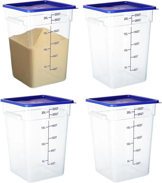 4 Pack Food Storage Containers, 22 Quart with Lids, Square Commercial Containers with Scale, NSF, Polycarbonate, Clear