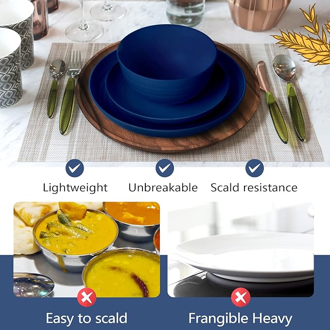 Teivio 32-Piece Kitchen Plastic Wheat Straw Dinnerware Set, Service for 8, Dinner Plates, Dessert Plate, Cereal Bowls, Cups, Unbreakable Colorful Plastic Outdoor Camping Dishes, Midnight Blue