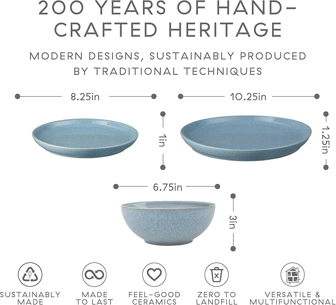 Denby - Elements Blue Dinner Set For 4-12 Piece Coupe Simple Ceramic Stoneware Tableware Set - Dishwasher Microwave Oven Safe - Scratch Chip Resistant