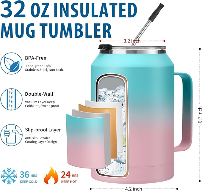 32oz Coffee Tumbler with Handle and Straw - Drink Lid & Protective Cup Mat, Stainless Steel Double Wall Insulated Tumblers, 32 oz Water Bottle Keep Cold 36 Hot 24 Hrs, Home Office Work Extra Large Mug
