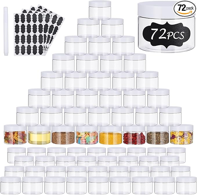 72 PCS 4 OZ Plastic Jars with Screw On Lids,Labels Refillable Empty Round Slime Containers for Storing Dry Food, Honey Jam, Cream, Butter, Lotion, White