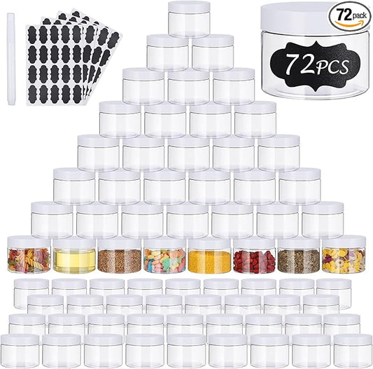 72 PCS 4 OZ Plastic Jars with Screw On Lids,Labels Refillable Empty Round Slime Containers for Storing Dry Food, Honey Jam, Cream, Butter, Lotion, White