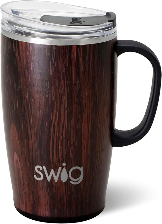Swig Life 18oz Travel Mug, Insulated Tumbler with Handle and Lid, Cup Holder Friendly, Dishwasher Safe, Stainless Steel, Travel Coffee Cup (Bourbon Barrel)