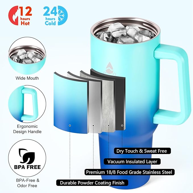 40 oz Tumbler with Handle and Straw or Convert to 40 oz Insulated Water Bottle Fits in Cup Holder. Stainless Steel Metal Water Flask with 2 Lids for Travel,Camping,Gym Sports Coffee Mug Thermal Cup