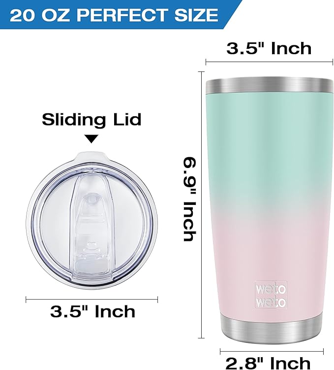 WETOWETO 20oz Insulated Stainless Steel Tumbler, Double Wall Vacuum Leak-proof Travel Coffee Mug, Powder Coated Water Cup (Green-Pink Gradient, 1 Pack)