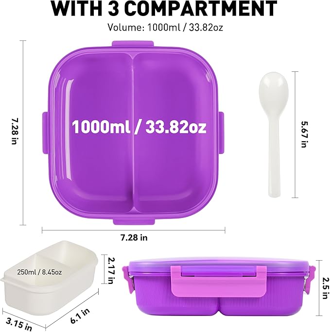 Bento Lunch Box for Kids & Adults, Purple Kids Lunch Box with Removable Compartments, Water Cup & Utensils, BPA-Free, Leak-Proof, Microwave/Dishwasher Safe