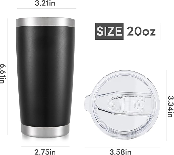20 oz Tumbler with Lid Stainless Steel Insulated Tumblers Bulk Double Wall Vacuum Cups Powder Coated Travel Mug Keep Drink Cold and Hot, Black, 8 Pack