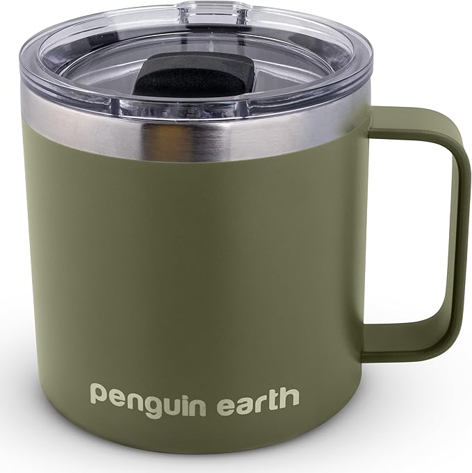 14 oz. Camping Mug with Lid, Coffee Mug. Travel Cup, Powder Coated, Vacuum Insulated, Stainless Steel, BPA Free. Travel Tumbler Cup, Dishwater safe (Green)