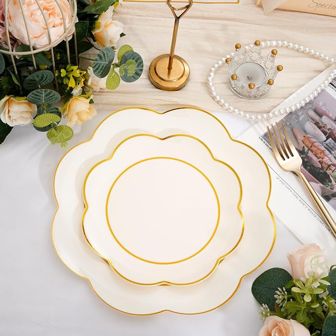 WONDERFUL 60pcs Ivory Plastic Plates - Elegant Plates Disposable Heavy Duty Ivory Disposable Plate Includes 30 10.25in Dinner & 30 7.5in Dessert Plate for Party/Thanksgiving/Christmas/Thanksgiving