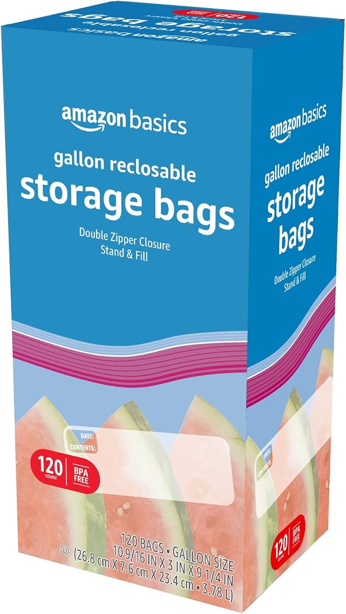 Amazon Basics Reclosable Gallon Food Storage Bags, Stand &Fill Base, 120 Count (Pack of 2)