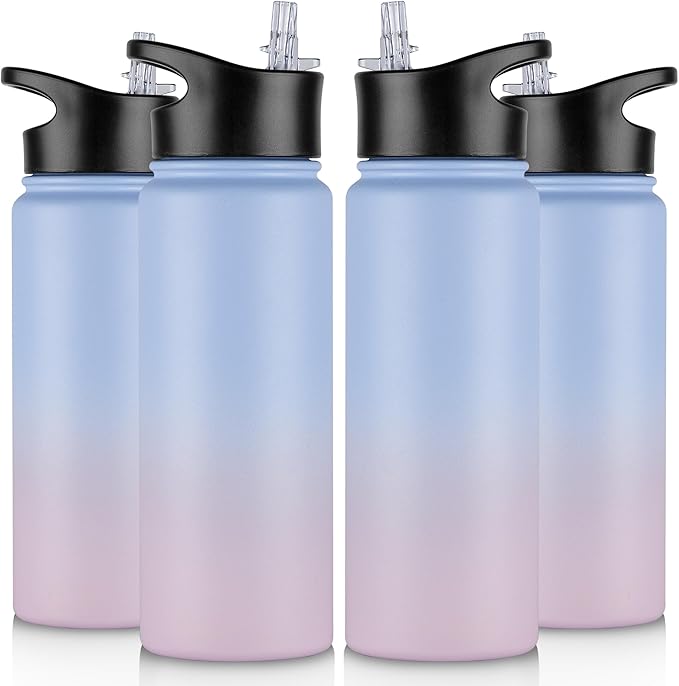 24 oz Insulated Water Bottle Bulk 4 Pack, Stainless Steel Sports Water Bottles with Straw Lid & Wide Mouth Lids, Double Walled Vacuum, Leak Proof, Pink Blue Gradient