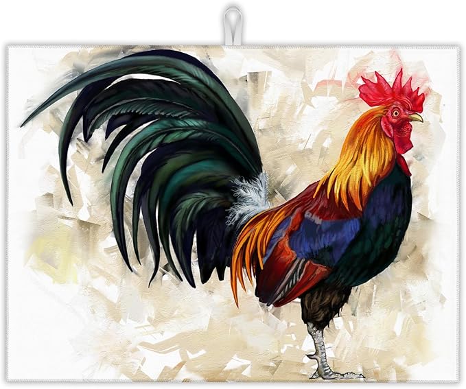 Rooster Dish Drying Mat for Kitchen Counter Decor,Farm Animal Watercolor Dish Drying Rack Pad Absorbent Reversible Microfiber for Coffee Tableware Sink Countertop 18x24 Inch