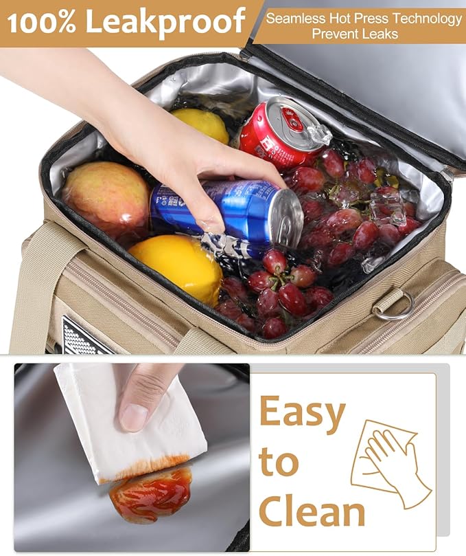 Tactical Lunch Box for Men, Expandable Large Insulated Lunch Bag for Adult, Heavy Duty Double Deck Lunch Cooler Bag with Shoulder Strap, Leakproof Soft Lunch Pail with American Flag - Sandy