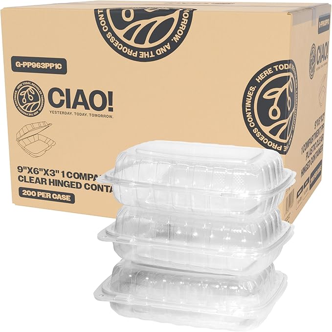 CIAO! 9"x6"x3" 1 Compartment PP Plastic Clear Hinged Container for Take Out (Case of 200)