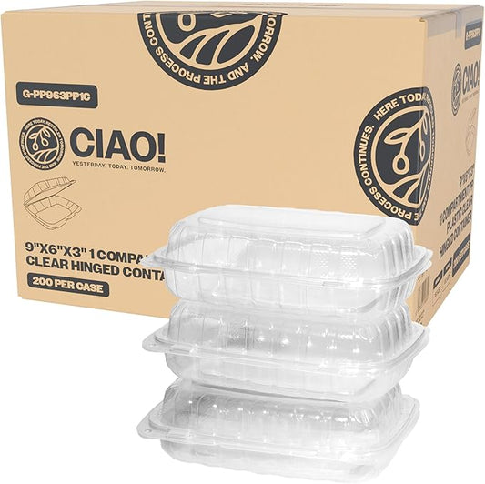 CIAO! 9"x6"x3" 1 Compartment PP Plastic Clear Hinged Container for Take Out (Case of 200)