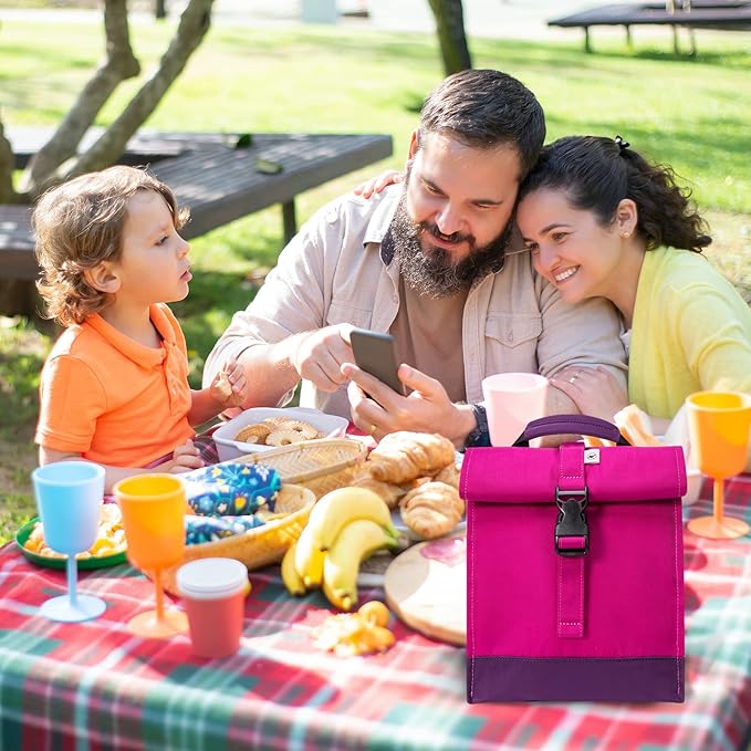 SUNNY BIRD Insulated Lunch Bag Rolltop Lunch Box Tote Lunchbox Bag for Women, Girls, Teens and Kids (Purple)