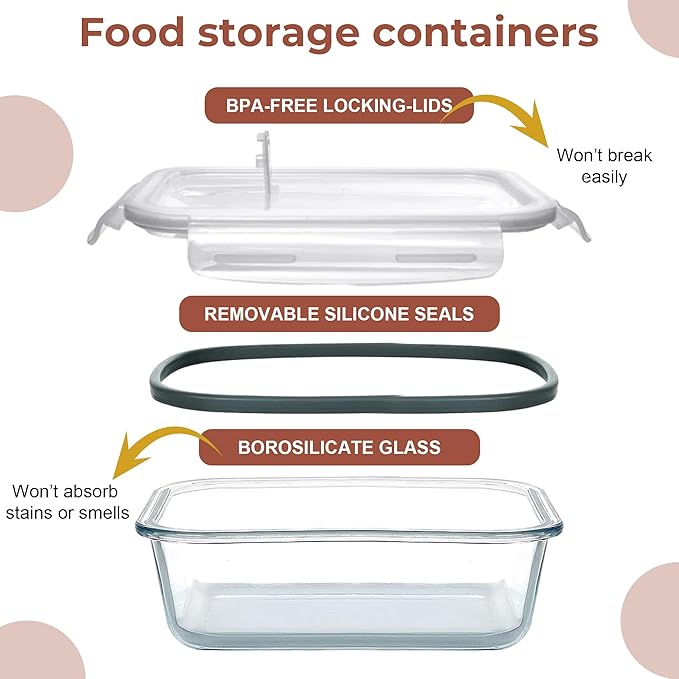 Razab 2700 ml / 92 Oz Large Glass Food Storage Containers with Vented Lids, BPA Free, Snap Locking Airtight & Leakproof Lids - Ideal for Baking, Casserole & Roasting - Freezer, Microwave & Oven Safe