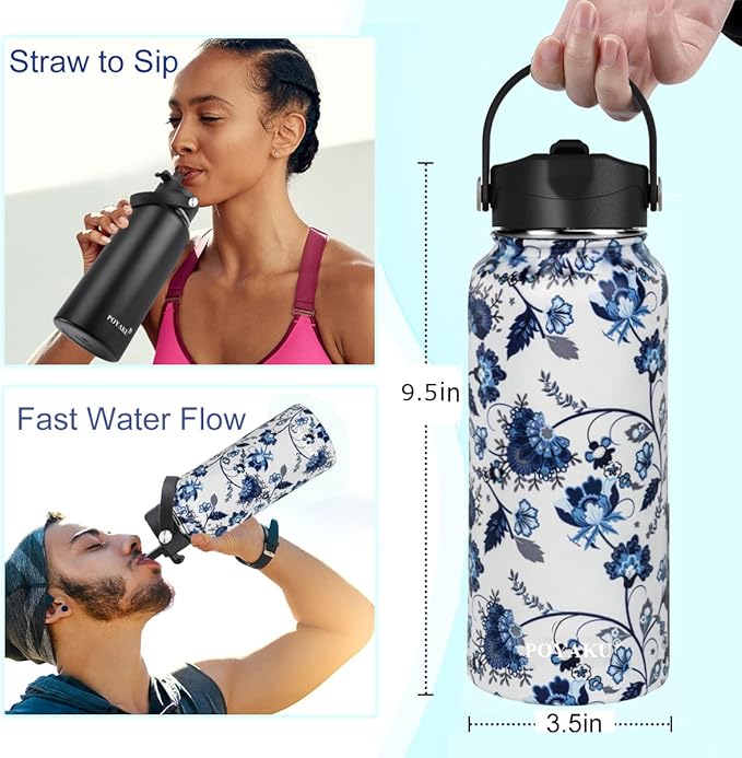 Water Bottle Insulated 32oz 40oz 64oz 128oz Straw Lid Spout Lid & 3 Lids, Leak Proof, Vacuum Insulated,Stainless Steel Water Bottle Wide Mouth for Sports, Gym or Office
