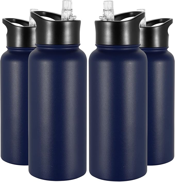 32 oz Insulated Water Bottle Bulk 4 Pack, Stainless Steel Sports Water Bottles with Straw Lid & Wide Mouth Lids, Double Walled Vacuum, Leak Proof, Blue