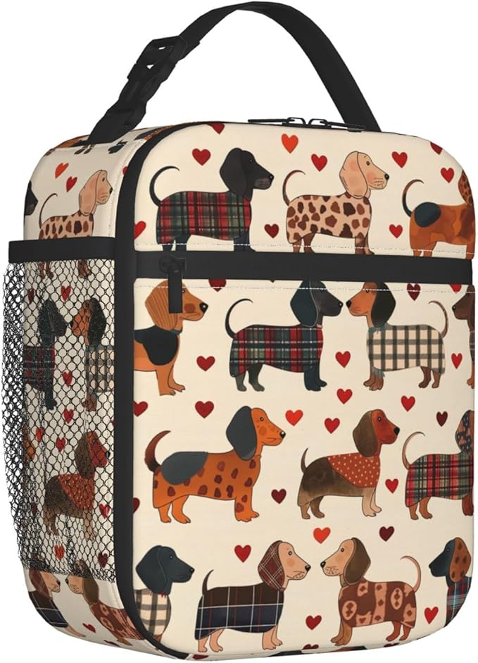 Reusable Dachshund Lunch Box for Kids, Insulated Cute Plaid Weiner Dog Bag,Polyester Cooler Heart Handbags Case for School Picnic Work Travel Beach or Hiking (Beige)
