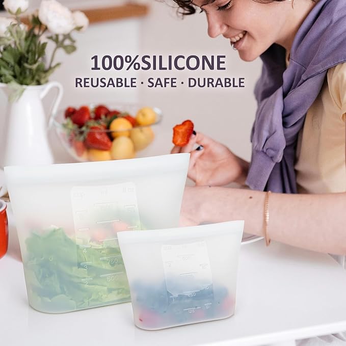 8-Pack Reusable Silicone Food Storage Bags, 100% Silicone Stand-Up Wide-Open Zip-Lock Reusable Storage Bags for Food, Freezer Microwave Oven Dishwasher Safe, Translucent, 2XL(0.8 Gallon) 2L 2M 2S