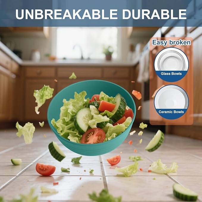 Wheat Straw Bowls Set of 6, Unbreakable Plastic Bowls, Microwave and Dishwasher Safe Serving Bowl for Dinner, Breakfast, Snack, Cereal Bowl for Kitchen, Camping, Outdoor (Green, 26 OZ)