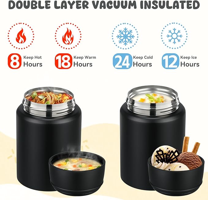 17oz Soup Thermo for Hot Food Kids Insulated Food Jar,Thermo Hot Food Lunch Container, Width Mouth Stainless Steel Lunch Box for Kids with Handle Folding Spoon(Black-Pure)