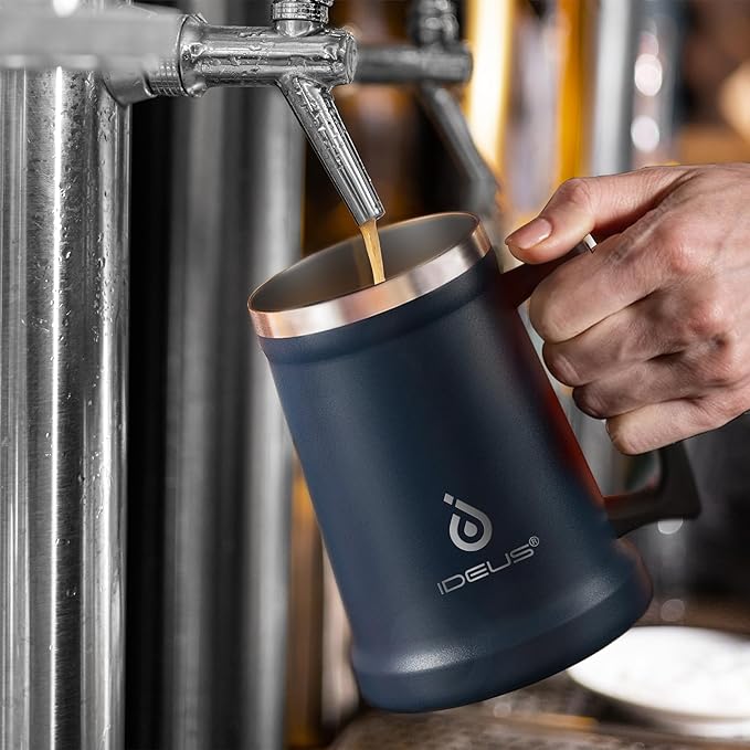 Ideus Insulated Beer Stein, 24/32oz Stainless Steel Double Walled Beer Mug Giant Bar Drinkware Metal Beer Cup with Big Grip Handle (24oz (710ml), Navy Blue)