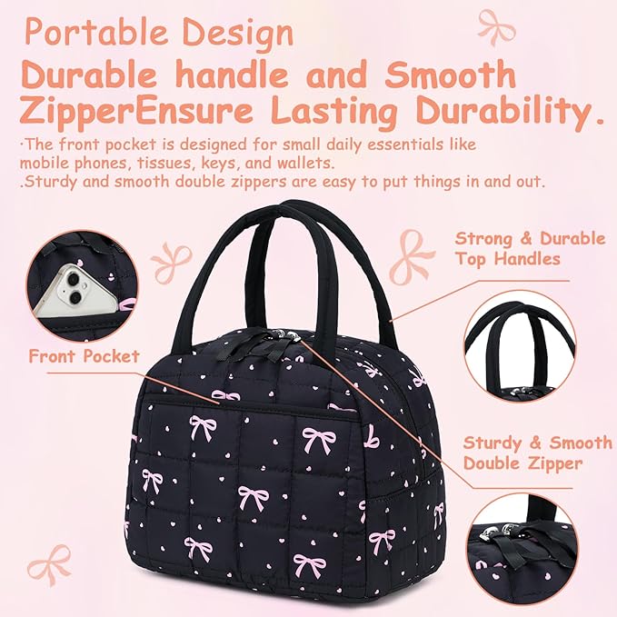 BTOOP Lunch Box for Women Men Cute Corduroy Lunch Bags Large Capacity Insulated Lunch Tote Bag For Work Travel Or Picnic (Pink Bow)