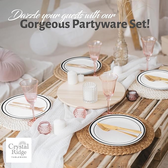 120-Piece Plastic Plates Set Premium 60 Dinner & 60 Salad Plates Pack, Disposable Plates for Party - White Plastic with Black Rim