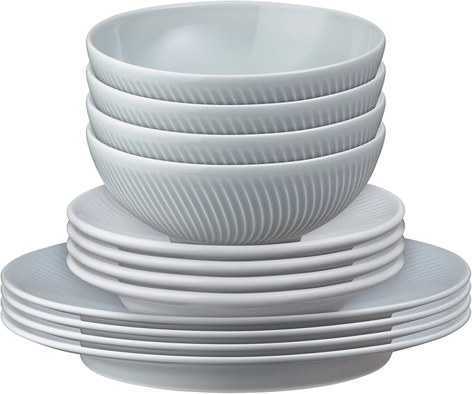 Denby - Arc Grey Porcelain Dinner Set For 4-12 Piece Textured Tableware Set For Any Occasion - Dishwasher Microwave Oven Safe - Scratch Chip Resistant