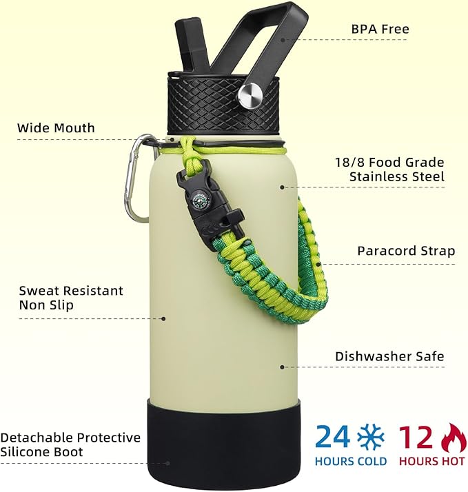 BJPKPK 32oz Insulated Water Bottles with 3 Lids, Paracord Handle & Non-slip Boot, Stainless Steel Metal Water Bottle,Reusable BPA Free Thermo,Macaron Green