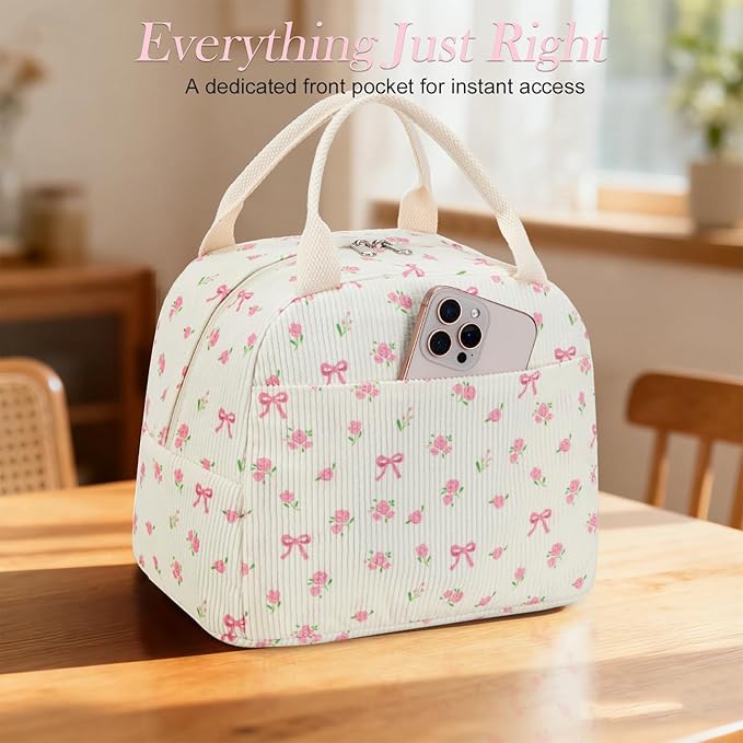 BTOOP Lunch Box for Women Men Cute Corduroy Lunch Bags Large Capacity Insulated Lunch Tote Bag For Work Travel Or Picnic (Pink Bow Floral)
