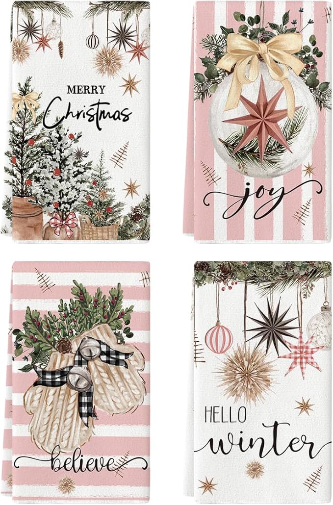 Artoid Mode Pink Xmas Tree Merry Christmas Kitchen Towels Dish Towels, 18x26 Inch Holiday Gloves Ball Hello Winter Decoration Hand Towels Set of 4