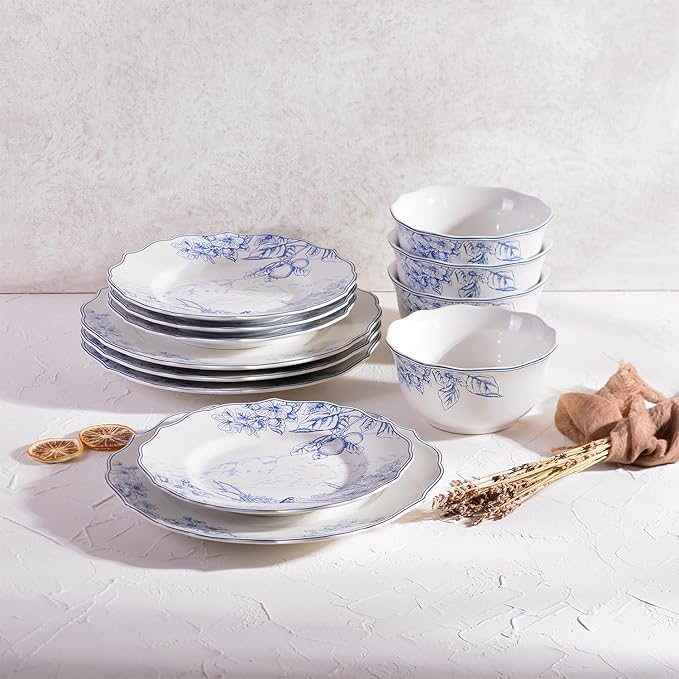 222 Fifth 12-Piece Porcelain Dinnerware Set for 4, Elegant Floral Plates and Bowls Sets- White/Blue Ceramic Dishes, Chip Resistant Kitchen & Dining Dish Set, Microwave & Dishwasher Safe, Hudson Valley