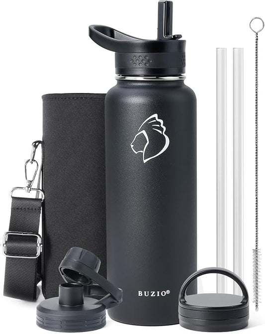 BUZIO 40 oz Water Bottle Insulated with Straw & 3 lid and Carrying Pouch, Leak Proof Anti-Slip Stainless Steel Water Flask Jug, Cold for 48 Hrs Double Vacuum Thermo Canteen, BPA-Free, Black