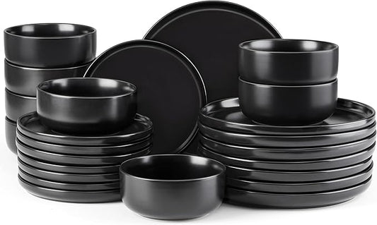 E-far Stoneware Dinnerware Sets for 8, 24-Piece Plates and Bowls Set, Modern Ceramic Dishes Dinning Ware, Microwave & Dishwasher Safe - Matte Black
