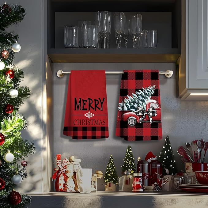 Christmas Kitchen Towels,Red Christmas Dish Towels Set of 2,Buffalo Check Plaid Tea Towels for Kitchen,Christmas Hand Towels for Bathroom,Gifts for Women,Housewarming Gifts 16×24 Inches