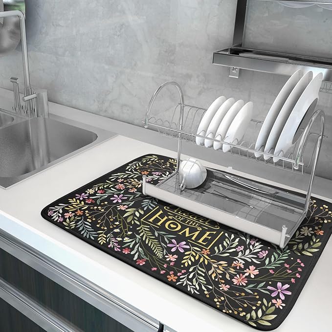 Vintage Microfiber Dish Drying Mat Wildflowers Leaves Absorbent Dry Mat for Kitchen Counter Decor