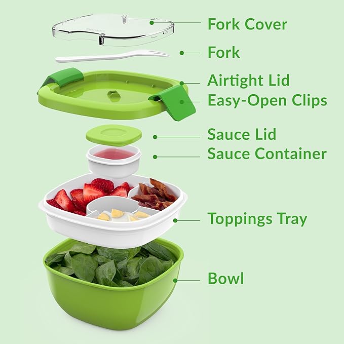 Bentgo Salad Container - 54 oz Bowl with 4-Compartment Toppings Tray, Leak-Proof Dressing Container, Reusable Fork, BPA-Free Lunch Box for Meal Prep & Food Storage; Removable Bento Tray (Green)