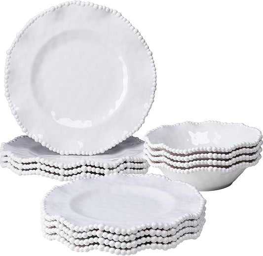 Cream 12pcs Beaded 100% Melamine Dinnerware Set, Elegant Scalloped Edge Durable & Shatterproof Outdoor Dining Set,Unbreakable Plates & Bowls Set for Indoor/Outdoor Use, Dishwasher Safe