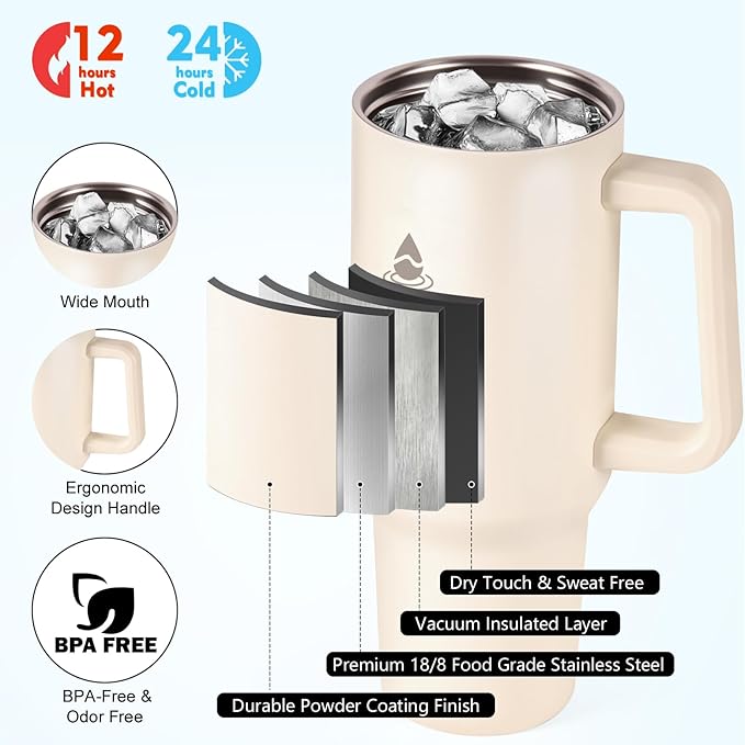 40 oz Tumbler with Handle and Straw or Convert to 40 oz Insulated Water Bottle Fits in Cup Holder. Stainless Steel Metal Water Flask with 2 Lids for Travel,Camping,Gym Sports Coffee Mug Thermal Cup