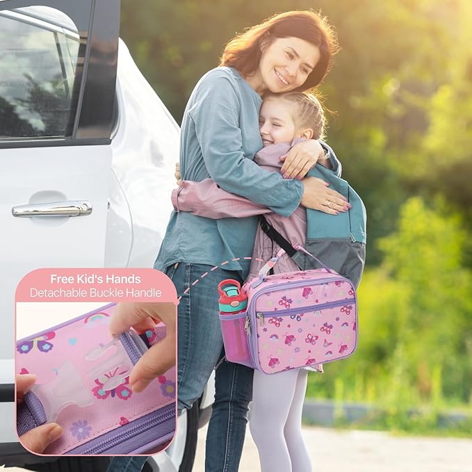 Bagseri Kids Lunch Bag for Girls - Insulated Kids Lunch Box for Daycare and School Reusable Meal Tote Bag with Water Bottle Holder, Easy-Clean Water-Resistant Fabric, Pink Butterfly