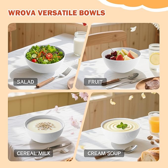 Wrova alternative plastic bowl set with lids,unbreakable wheat straw bowls 40oz suitable for indoors and outdoors,overnight foods container with cover. White