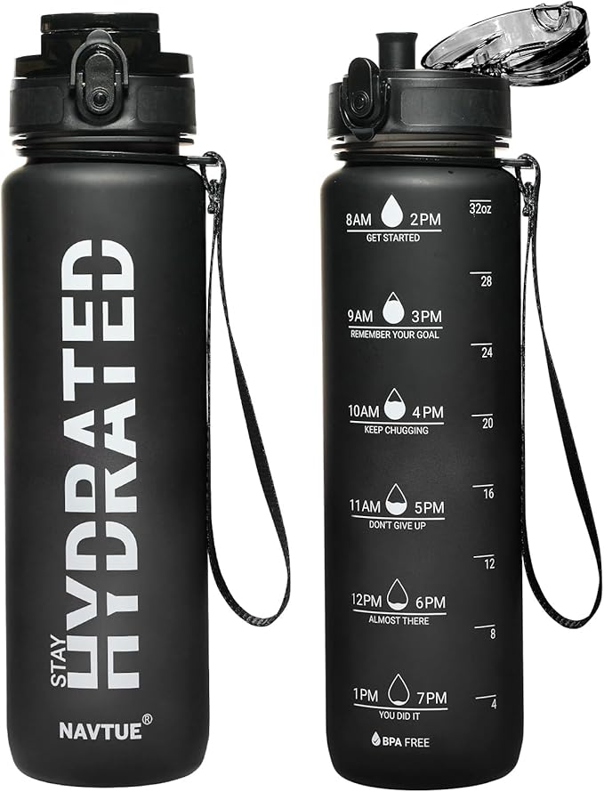 Water Bottle, 32oz Sports Water Bottles with Time Marker Wide Mouth, Motivational and Leakproof Drink Bottle, BPA Free Tritan with Carry Strap for Gym Fitness Outdoor (Direct Drink 1 Bottle)