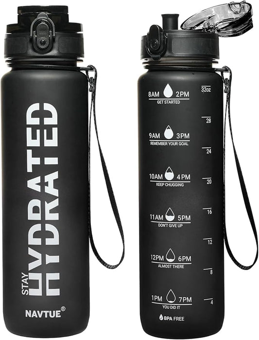 Water Bottle, 32oz Sports Water Bottles with Time Marker Wide Mouth, Motivational and Leakproof Drink Bottle, BPA Free Tritan with Carry Strap for Gym Fitness Outdoor (Direct Drink 1 Bottle)