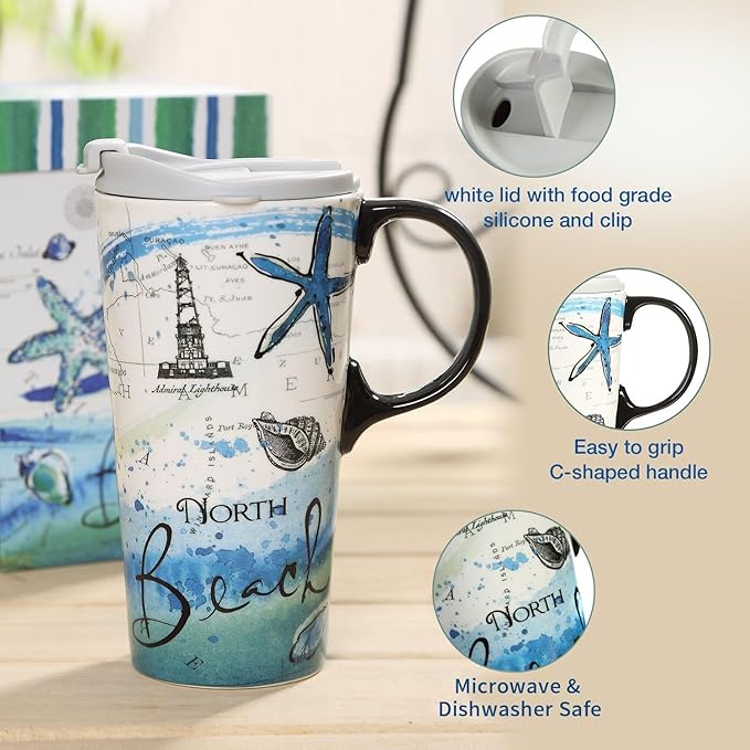 Topadorn Ceramic Mug Porcelain Latte Tea Cup Coffee Mug with Lid and Gift Box, 17oz. North Beach