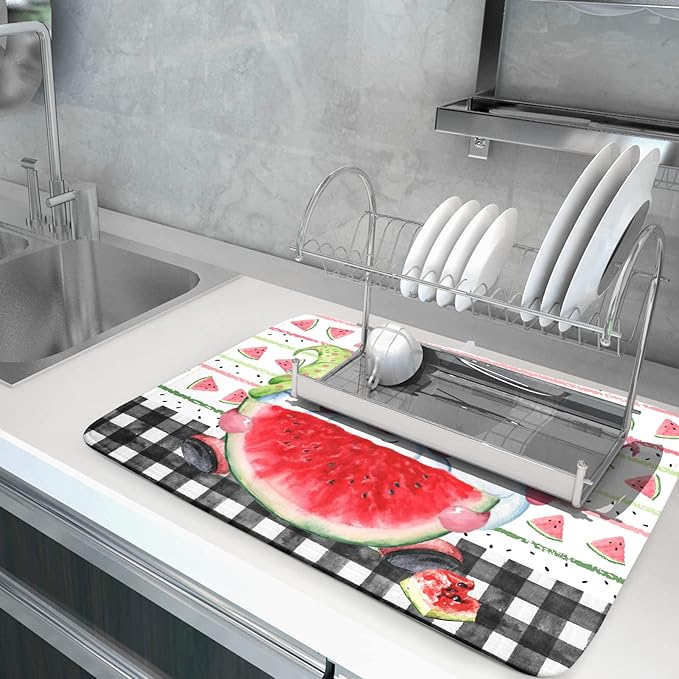 Summer Gnomes Dish Drying Mat 18x24 Inch ,Watermelon Fruit Buffalo Plaid Kitchen Dry Mats with Loop Absorbent Foldable Dishes Pad for Sink Counter Drainer Countertops Refrigerator Protector