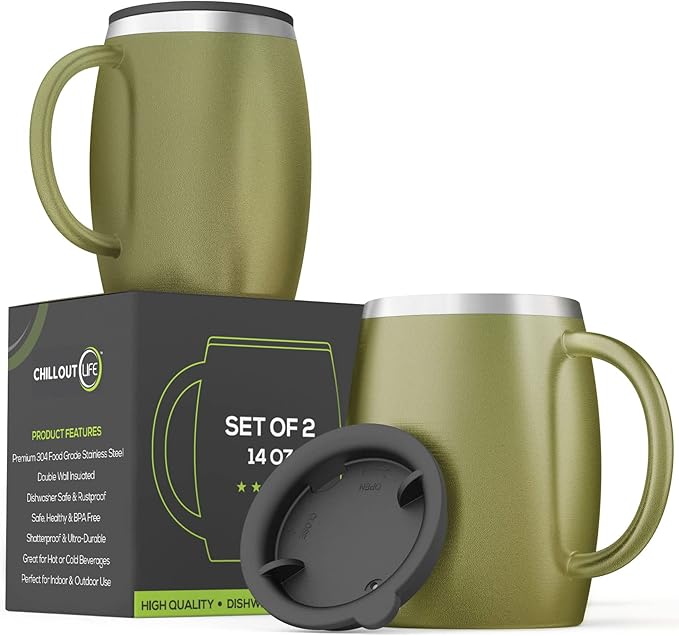 Stainless Steel Insulated Coffee Mugs Set of 2 (14oz) – Double Wall Coffee Cups With Spill Resistant Lid & Strong Handle, Shatterproof Cups for Cold Drinks, Hot Beverages, Indoor & Outdoor Use