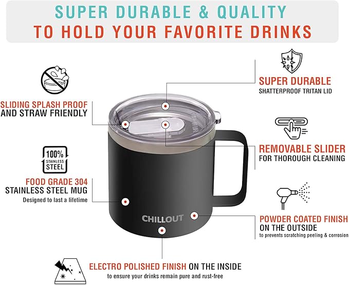 CHILLOUT LIFE Stainless Steel 16 oz Vacuum Insulated Coffee Mug with Handle and Lid, Large Thermal Camping Coffee Mug Cup with Durable Sliding Lid for Men & Women, Keeps your Beverages Hot &Cold